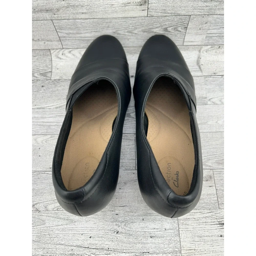 Clarks Collection Women Black Leather Slip On Block Heel Shoes Size‎ 9.5M